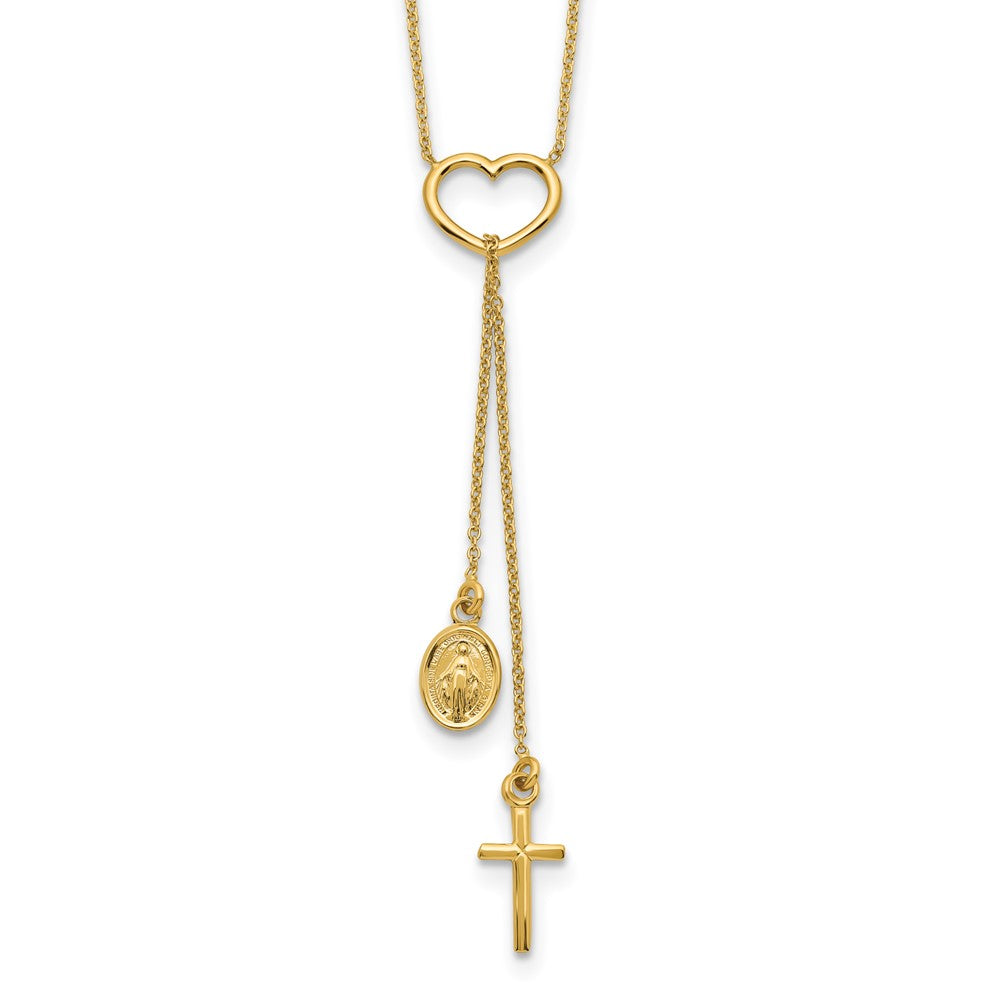 14k Yellow Gold Polished Heart with Dangle Cross and Miraculous Medal Y-Necklace 17"