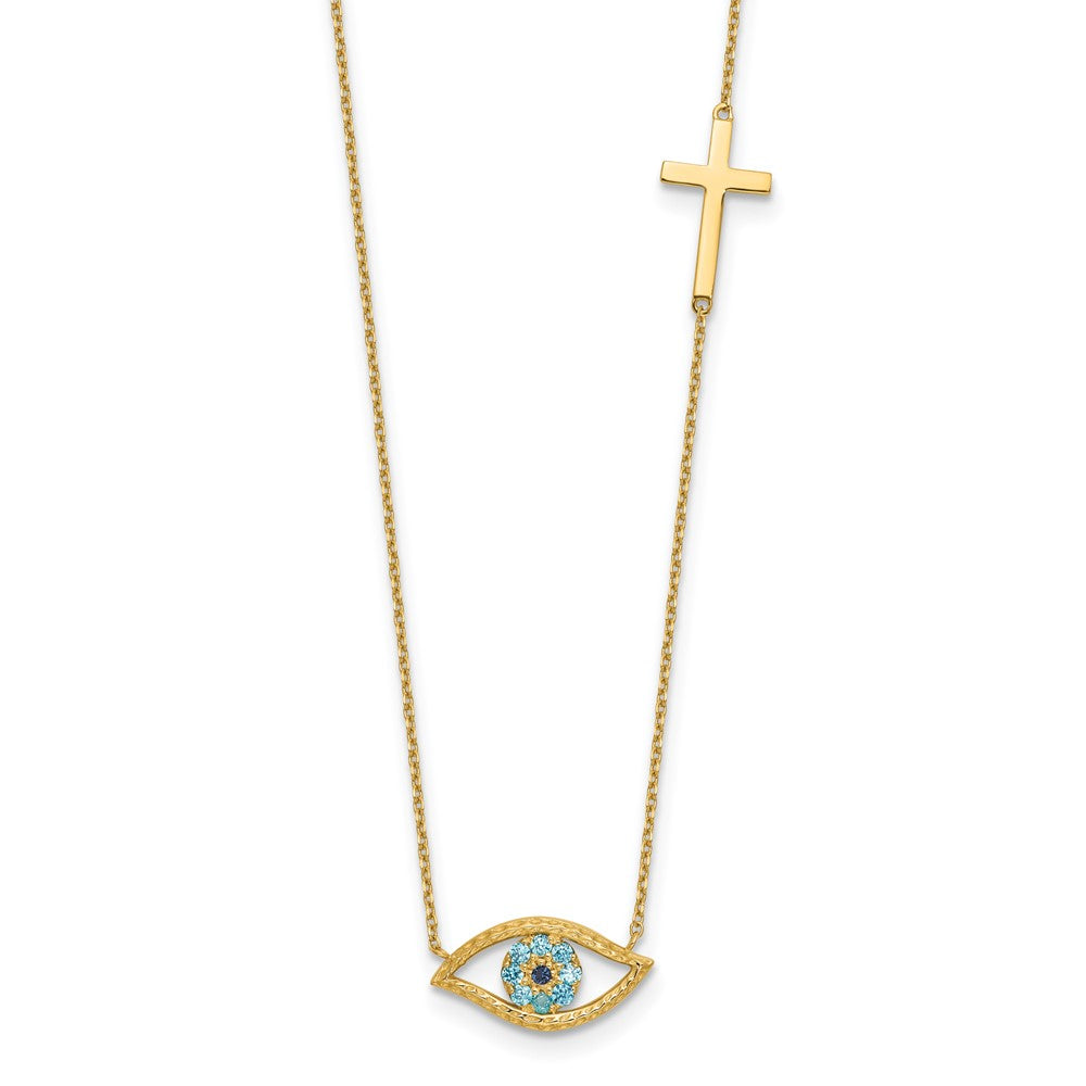 14k Yellow Gold Polished Blue Cubic Zirconia Evil Eye and Cross Necklace 18"