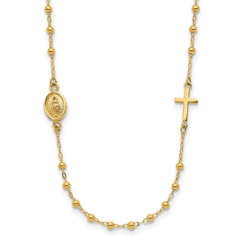 14k Yellow Gold Polished Miraculous Medal and Cross Beaded Rosary Design Necklace 16.5"