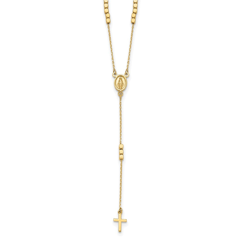 14k Yellow Gold Polished Miraculous Medal and Cross Rosary Design Y-Drop Necklace 17.75"