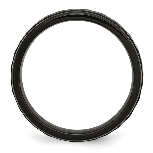 Stainless Steel Polished and Hammered Black IP-plated 7mm Band Ring