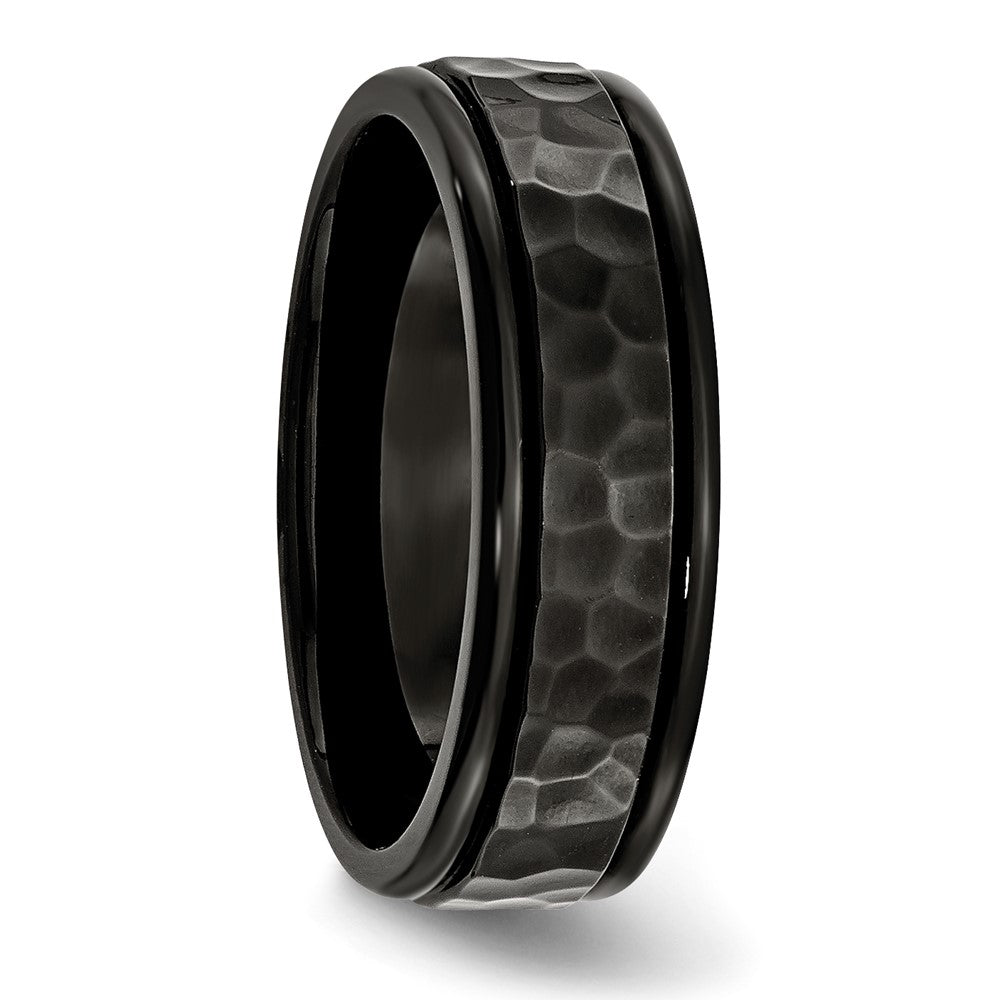 Stainless Steel Polished and Hammered Black IP-plated 7mm Band Ring