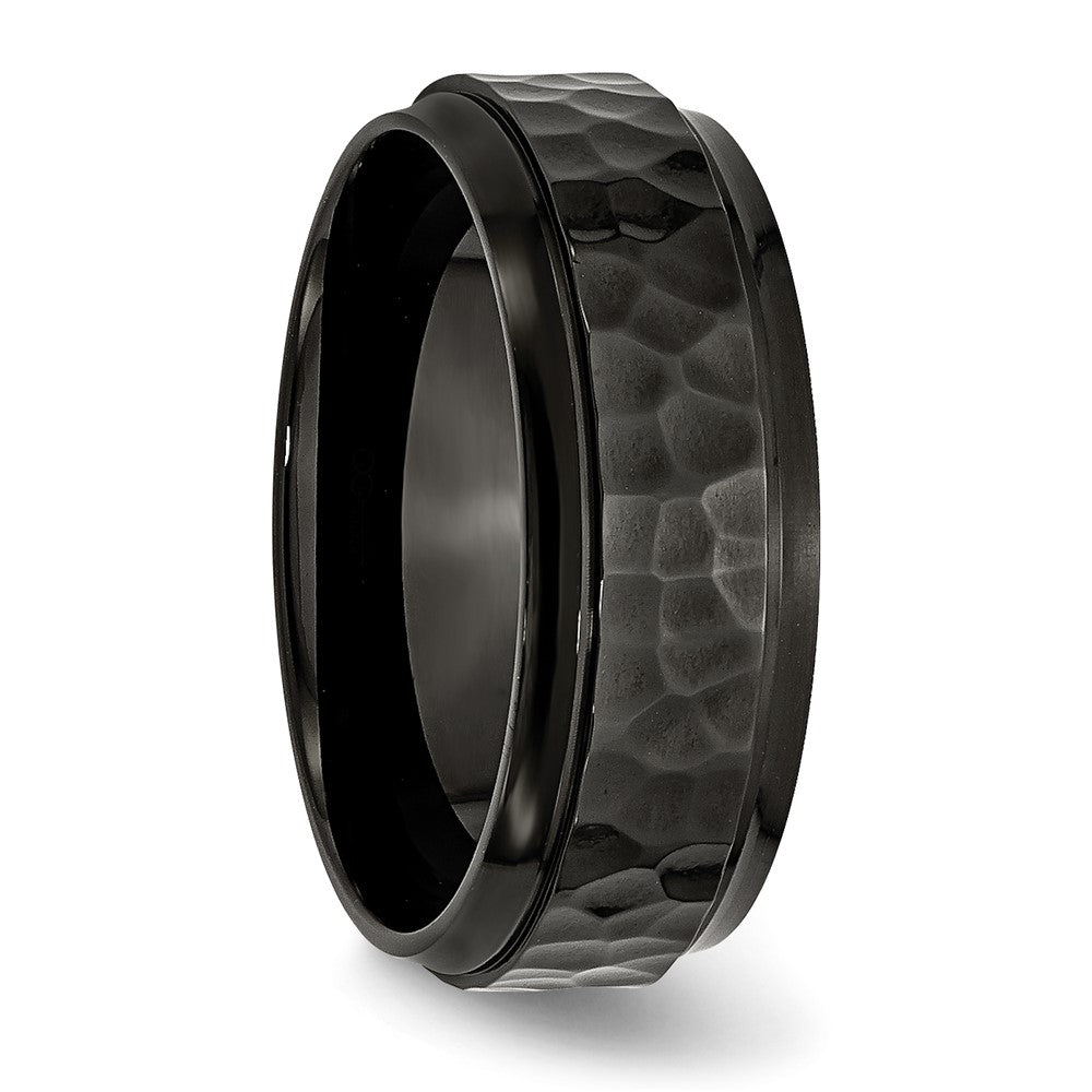 Stainless Steel Polished and Hammered Black IP-plated 8mm Beveled Edge Band Ring