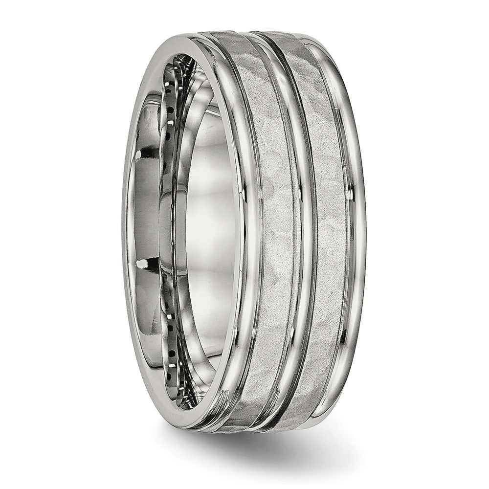 Stainless Steel Polished and Hammered 8mm Grooved Band Ring