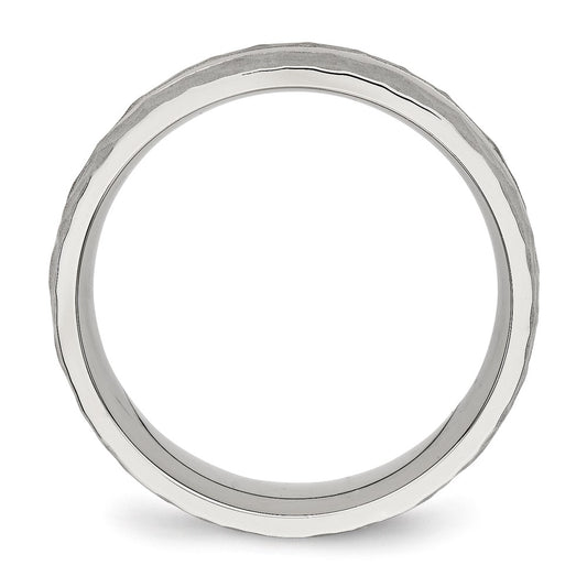 Stainless Steel Polished and Hammered 7.5mm Grooved Band Ring