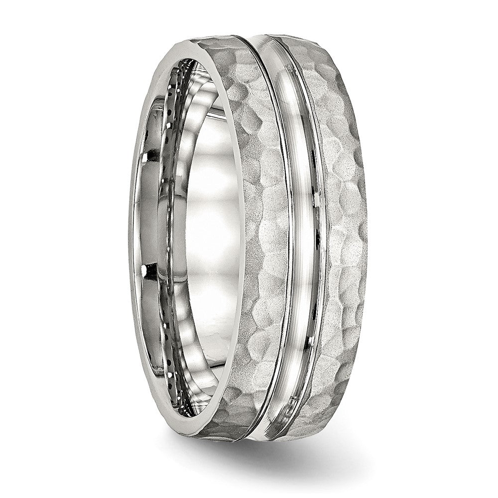 Stainless Steel Polished and Hammered 7.5mm Grooved Band Ring