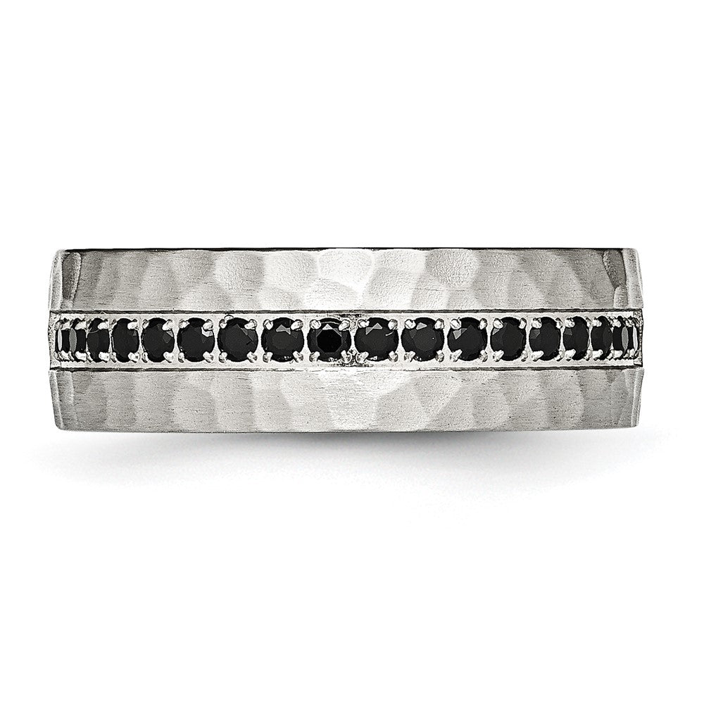 Stainless Steel Brushed and Hammered with Black CZ 7.5mm Band Ring
