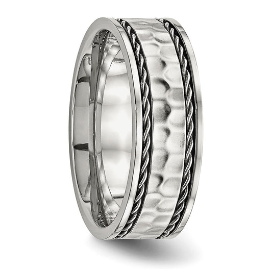 Stainless Steel Polished and Hammered 8mm Comfort Fit Band Ring