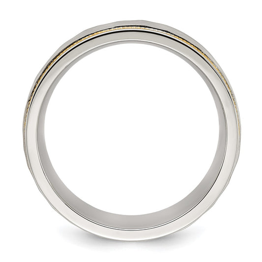 Stainless Steel Brushed and Polished Hammered Yellow IP-plated 8mm Band Ring