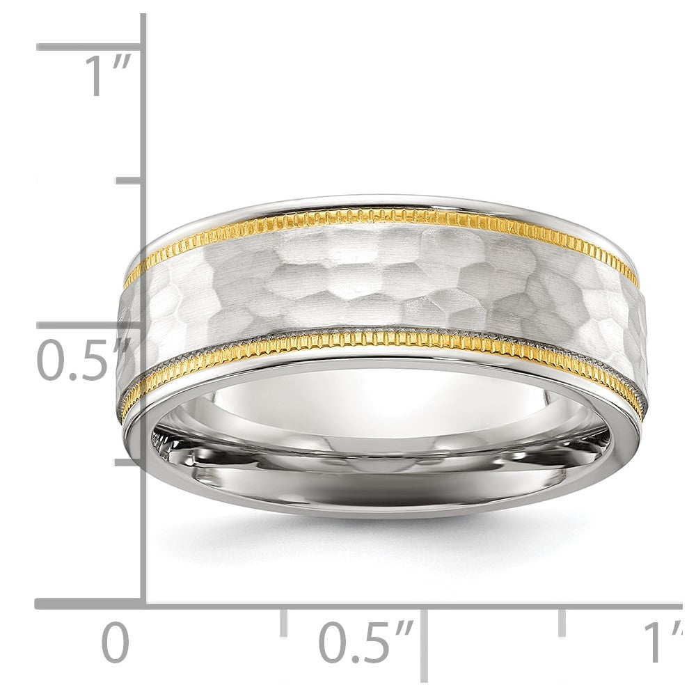 Stainless Steel Brushed and Polished Hammered Yellow IP-plated 8mm Band Ring