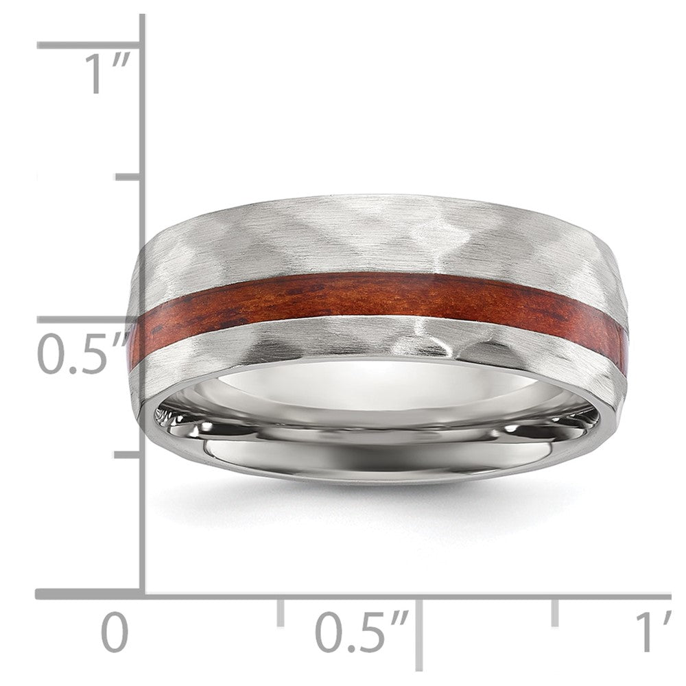 Stainless Steel Brushed and Hammered with Wood Inlay 8mm Band Ring
