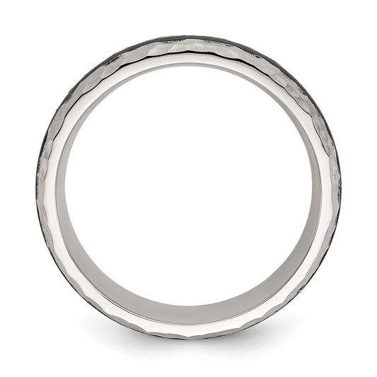 Stainless Steel Brushed and Hammered Black Carbon Fiber Inlay 7mm Band Ring