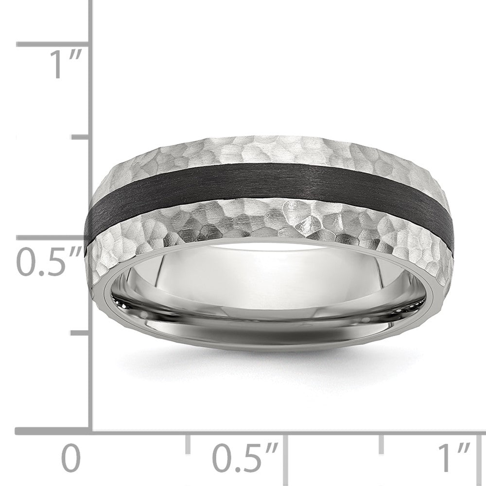 Stainless Steel Brushed and Hammered Black Carbon Fiber Inlay 7mm Band Ring