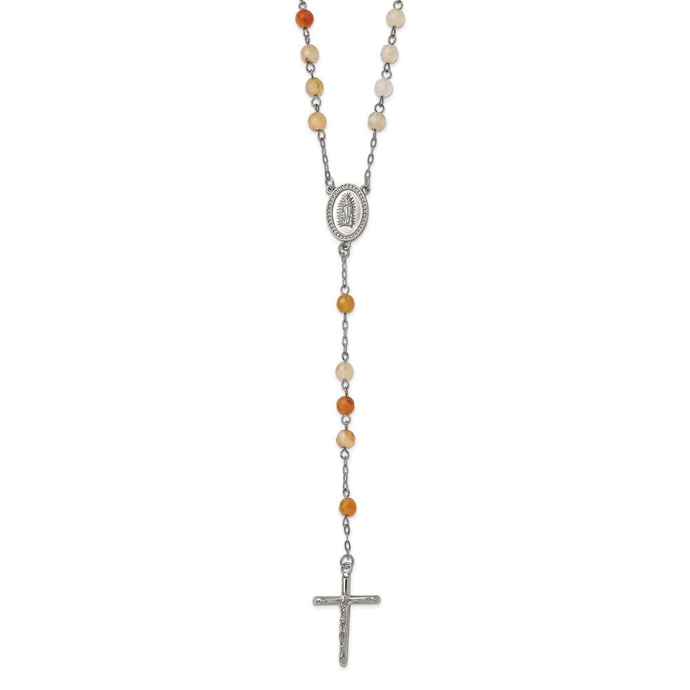 Stainless Steel Polished with Agate Beads Rosary Necklace 31"