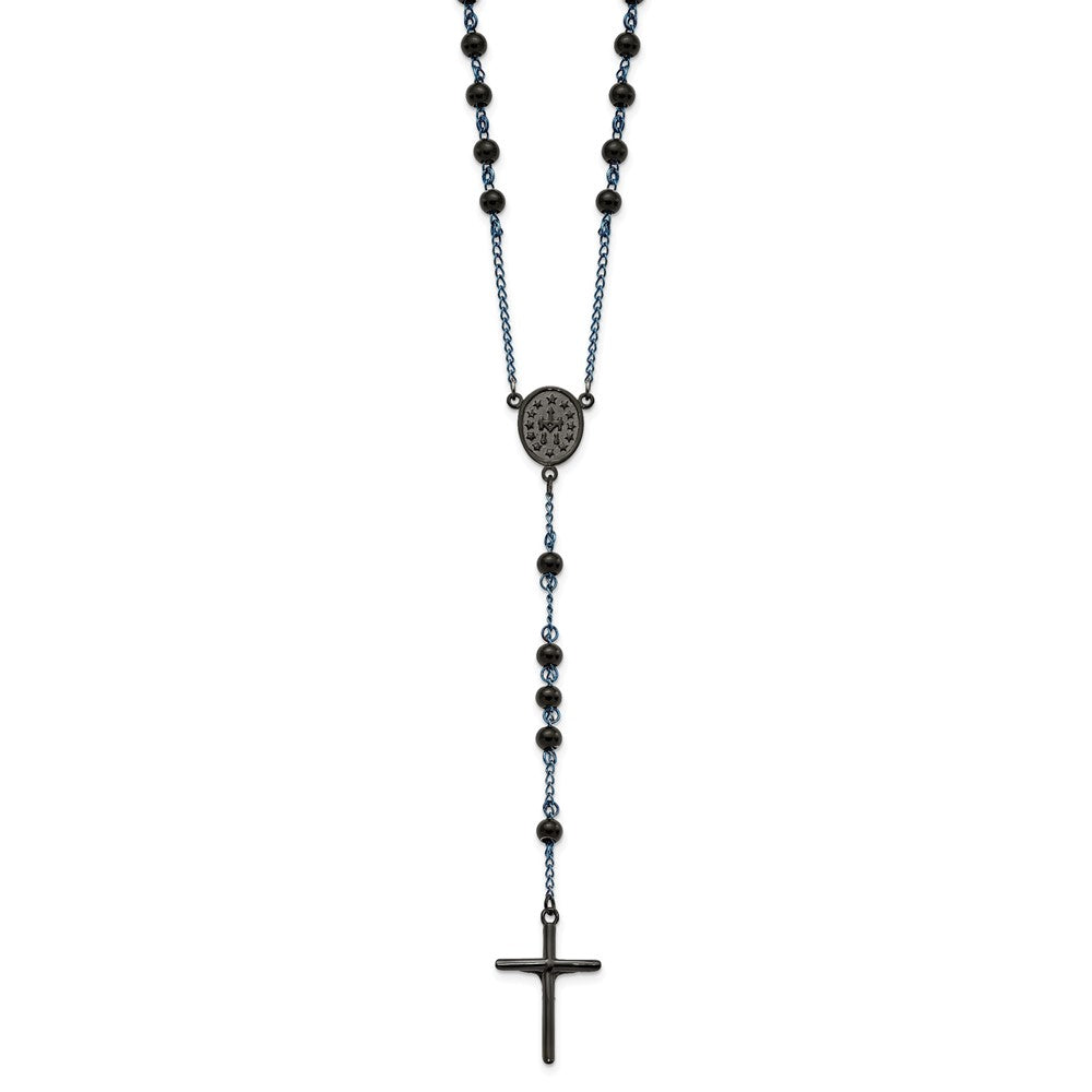 Stainless Steel Polished Black and Blue IP-plated Rosary Necklace 30"