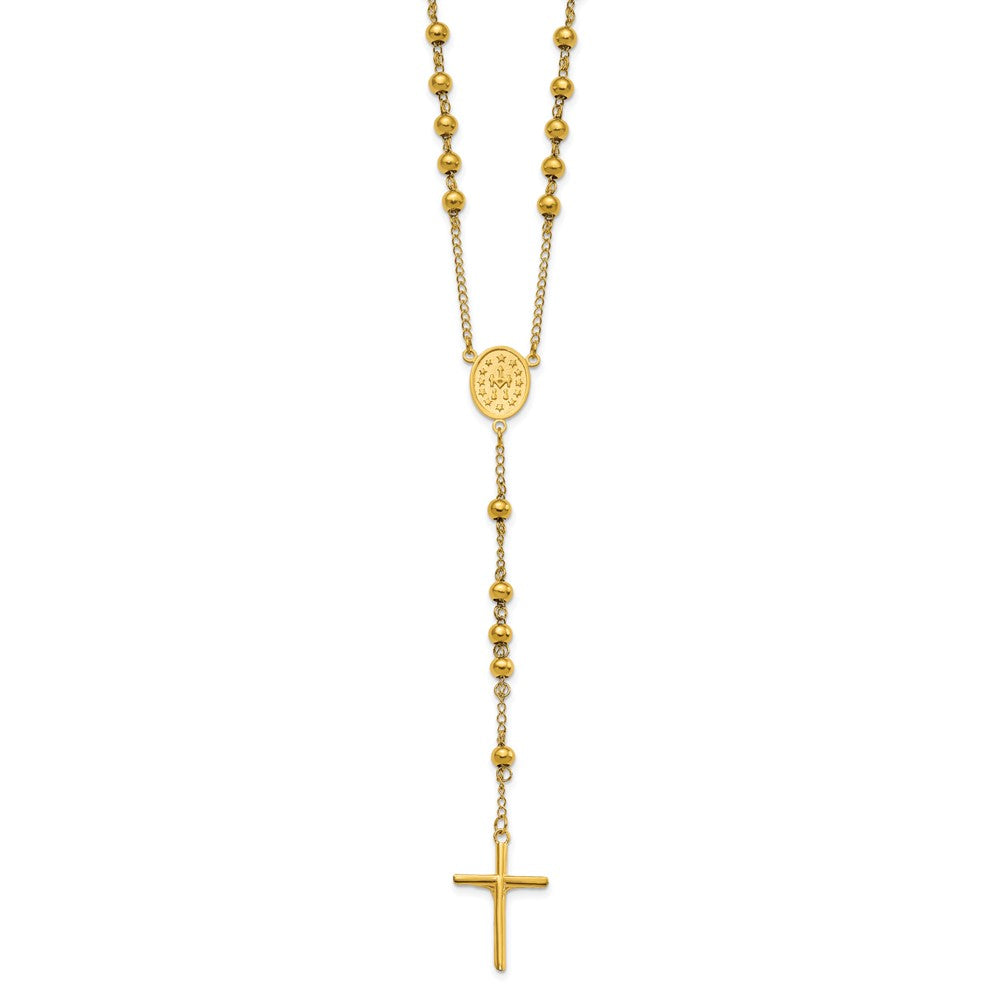 Stainless Steel Polished Yellow IP-plated Beaded Rosary Necklace 30"