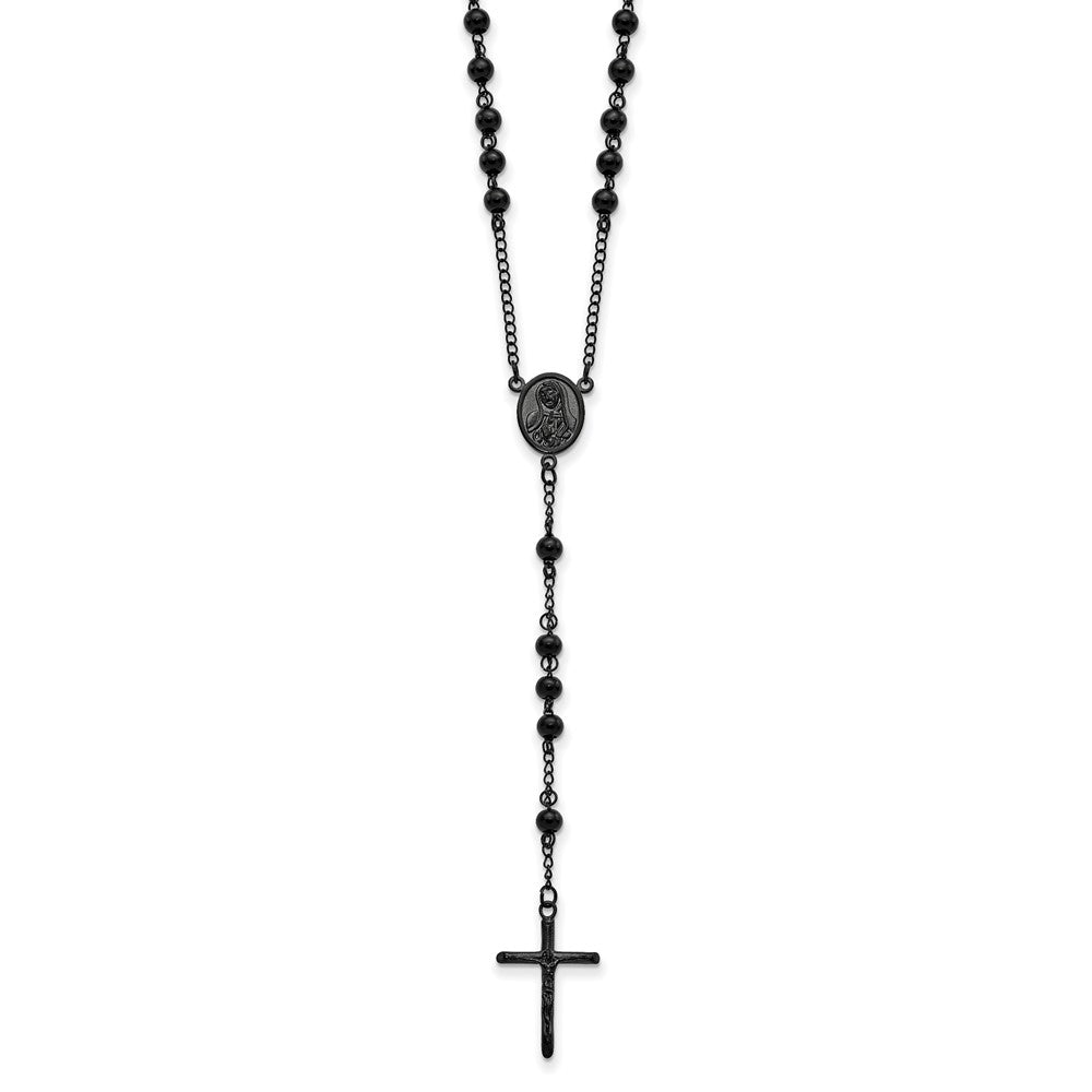 Stainless Steel Polished Black IP-plated Beaded Rosary Necklace 30"
