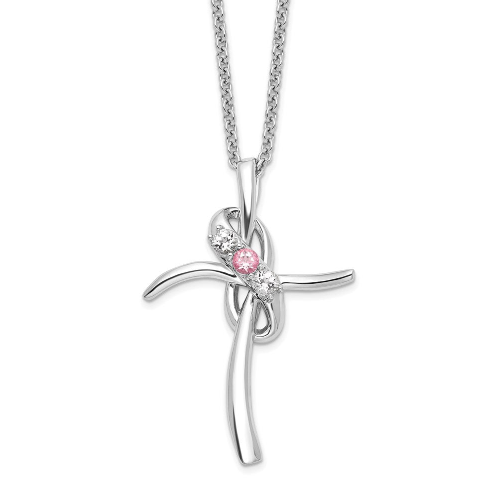 10K White Gold White and Pink Topaz Grace Cross Necklace 18"
