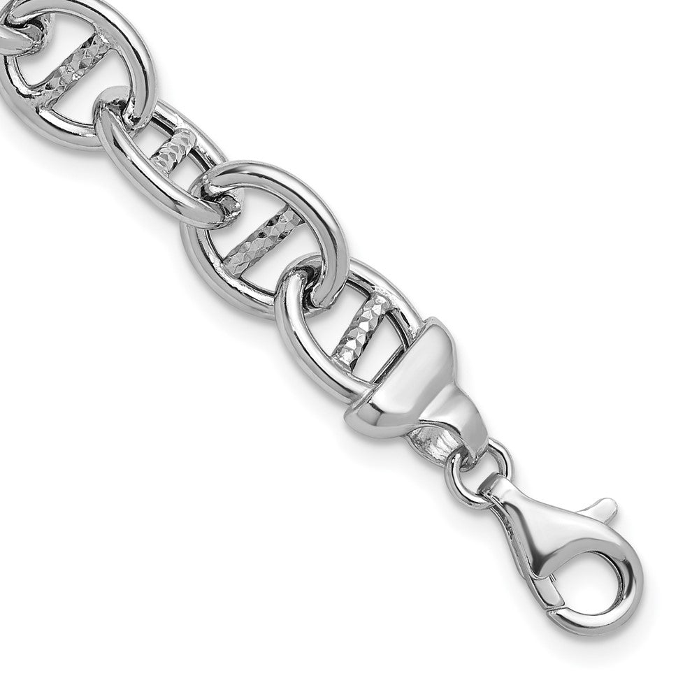 925 Sterling Silver 11.8mm Rhodium-plated Polished & Textured Anchor Link Bracelet 8 inch