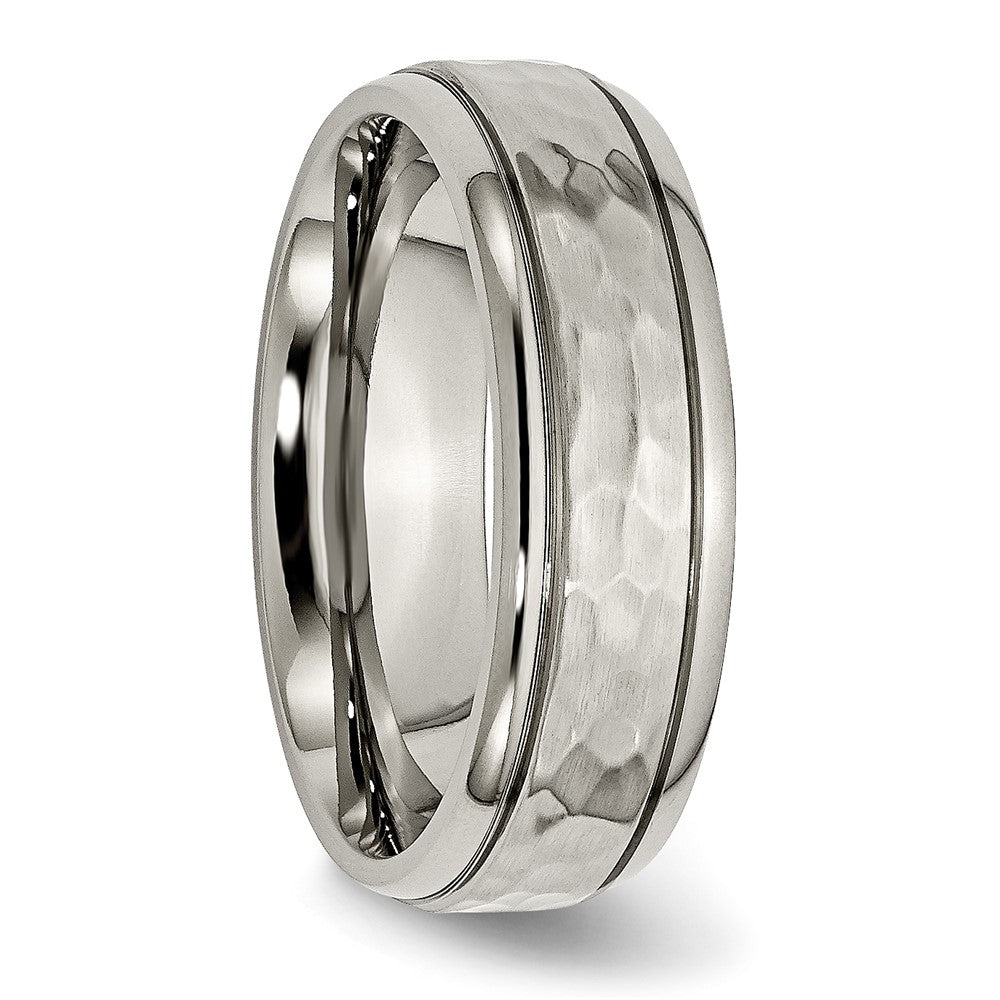 Titanium Polished and Hammered 7mm Grooved Edge Band Ring