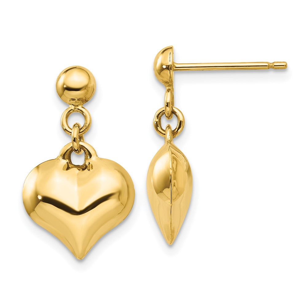 14k Yellow Gold Polished Puffed Heart Dangle Earrings