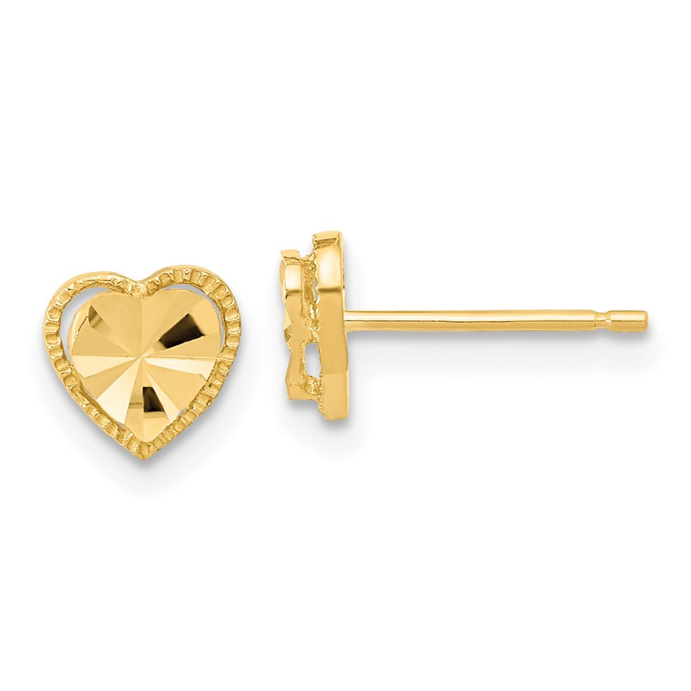 14k Yellow Gold Polished Diamond-cut Heart Stud Earrings