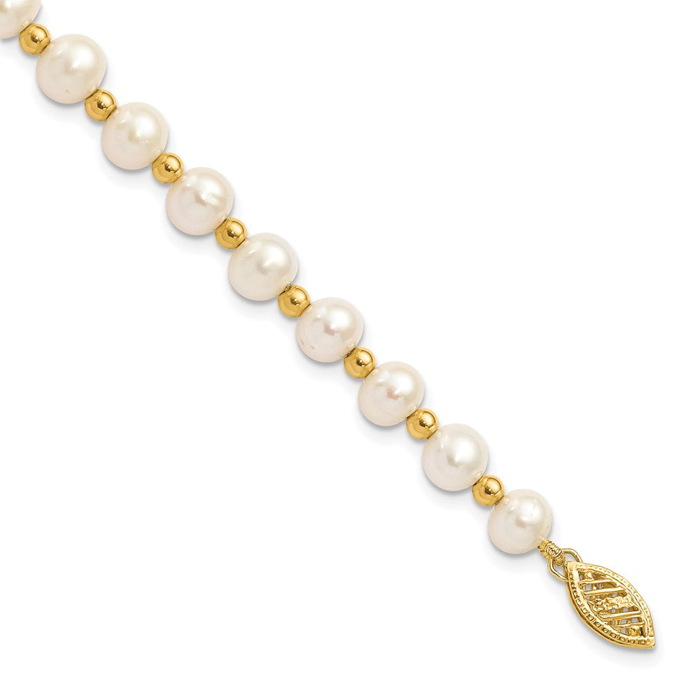 14k Yellow Gold 6-7mm White Round Freshwater Cultured Pearl Beaded 7 inch Bracelet