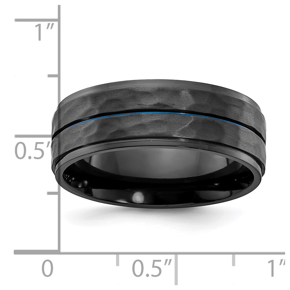 Black Zirconium Brushed Polished and Hammered with Blue IP-plated 8mm Band Ring