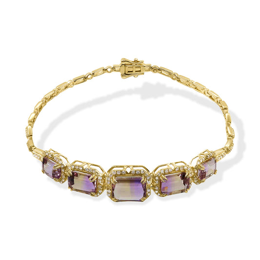 Diamond2Deal 14k Yellow Gold 8.23ct Octagon Cut Ametrine and Diamond Tennis Bracelet 7.5"