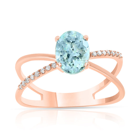 Diamond2Deal 14k Rose Gold 1.15ct Oval Cut Aquamarine and Diamond Engagement Ring for Women