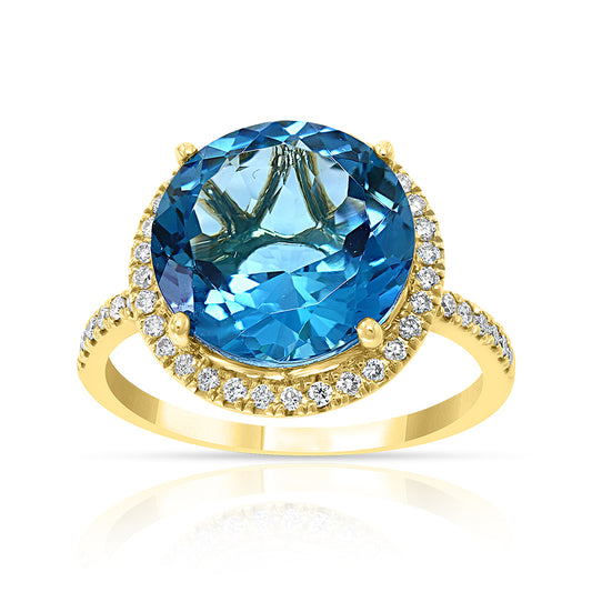Diamond2Deal 14k Yellow Gold 6.76ct Round Blue Topaz and Diamond Engagement Ring for Women