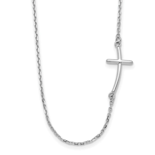10k White Gold Small Sideways Curved Cross Necklace 19"