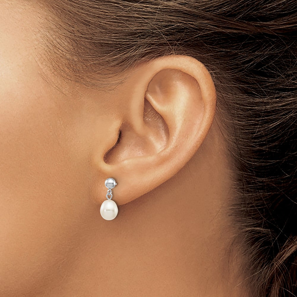 10k White Gold 6-7mm White Rice Freshwater Cultured Pearl Dangle Post Earrings