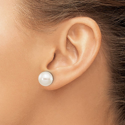 10k White Gold 9-10mm White Round Freshwater Cultured Pearl Stud Post Earrings