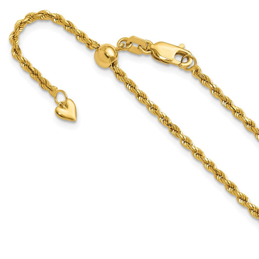 14k Yellow Gold Adjustable 2mm Diamond-Cut Rope Chain Necklace 22"