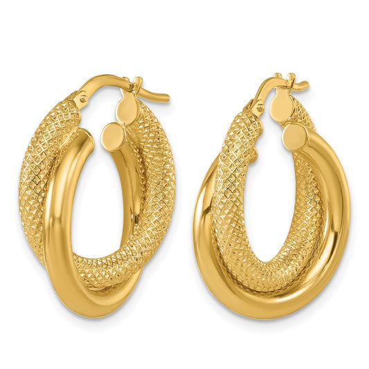 14k Yellow Gold Polished and Textured 6.0mm Round Hoop Earrings