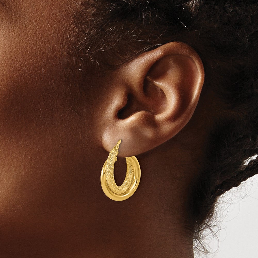 14k Yellow Gold Polished and Textured 6.0mm Round Hoop Earrings
