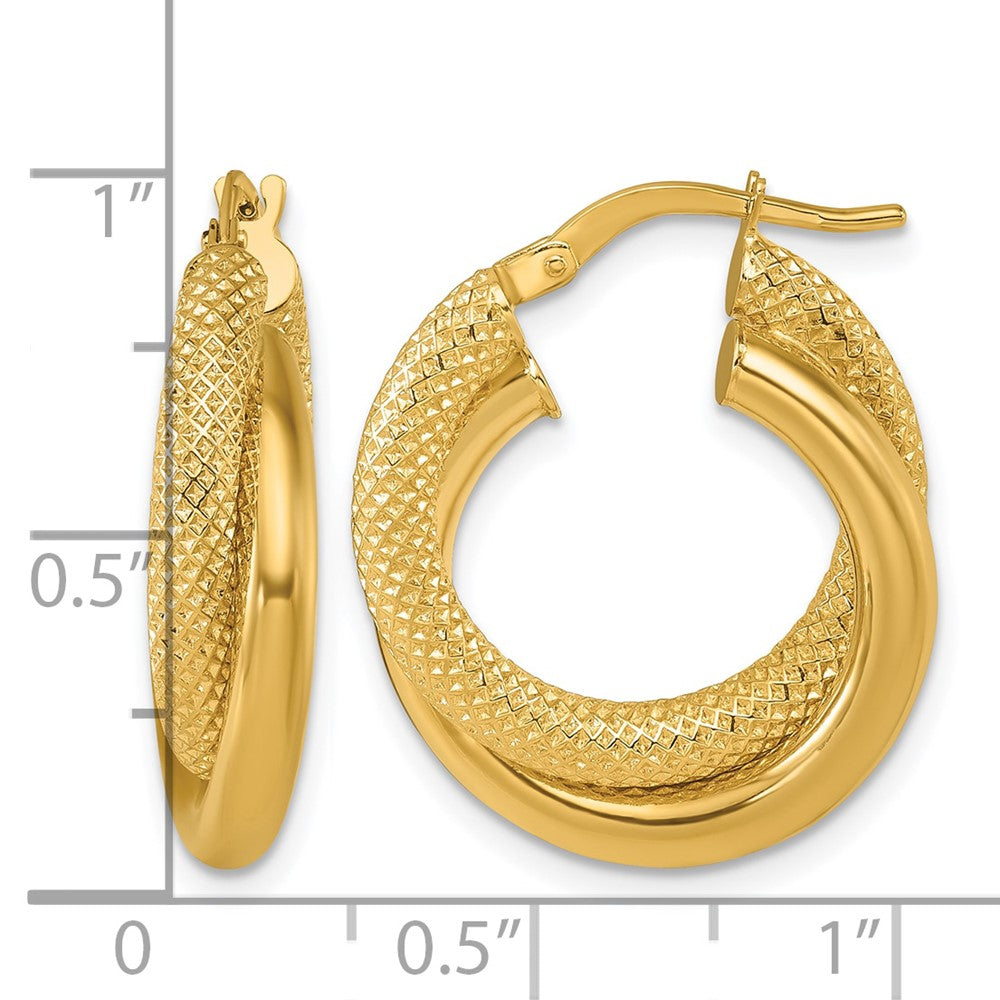 14k Yellow Gold Polished and Textured 6.0mm Round Hoop Earrings