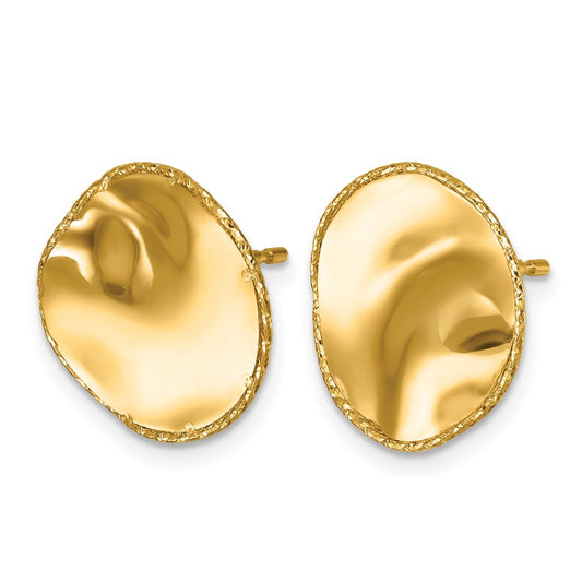 14k Yellow Gold Polished and Textured Wavy Circle Stud Earrings