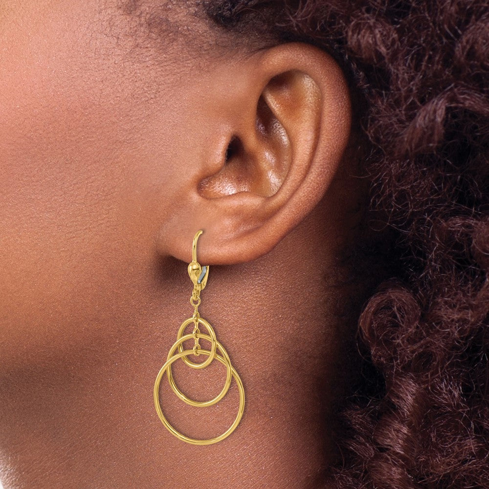 14k Yellow Gold Polished Fancy Triple Circle Leverback Dangle Earrings