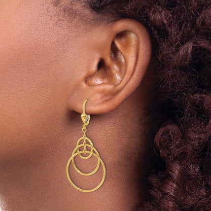 14k Yellow Gold Polished Fancy Triple Circle Leverback Dangle Earrings