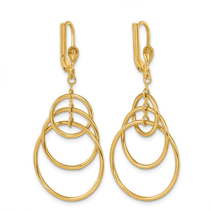 14k Yellow Gold Polished Fancy Triple Circle Leverback Dangle Earrings
