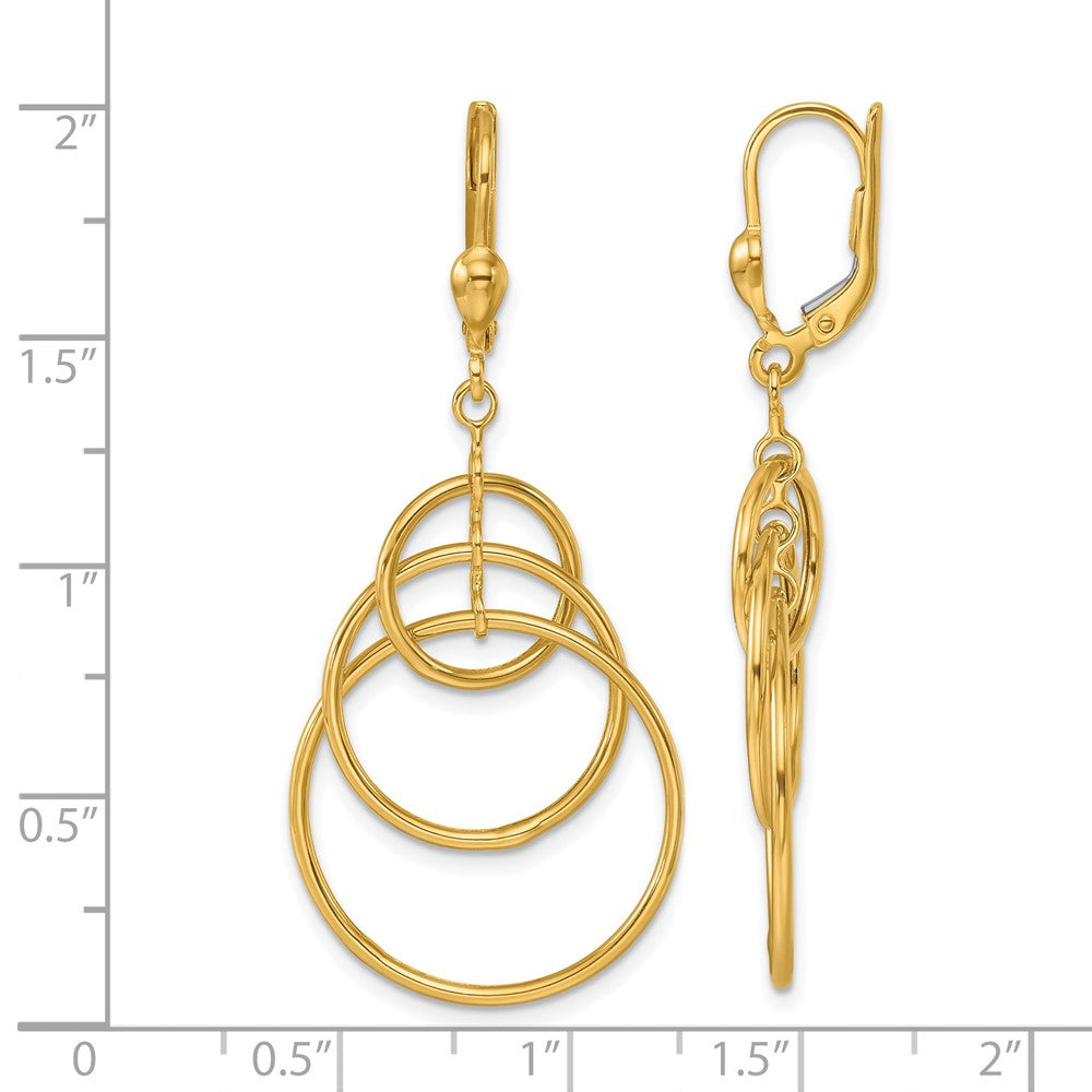 14k Yellow Gold Polished Fancy Triple Circle Leverback Dangle Earrings