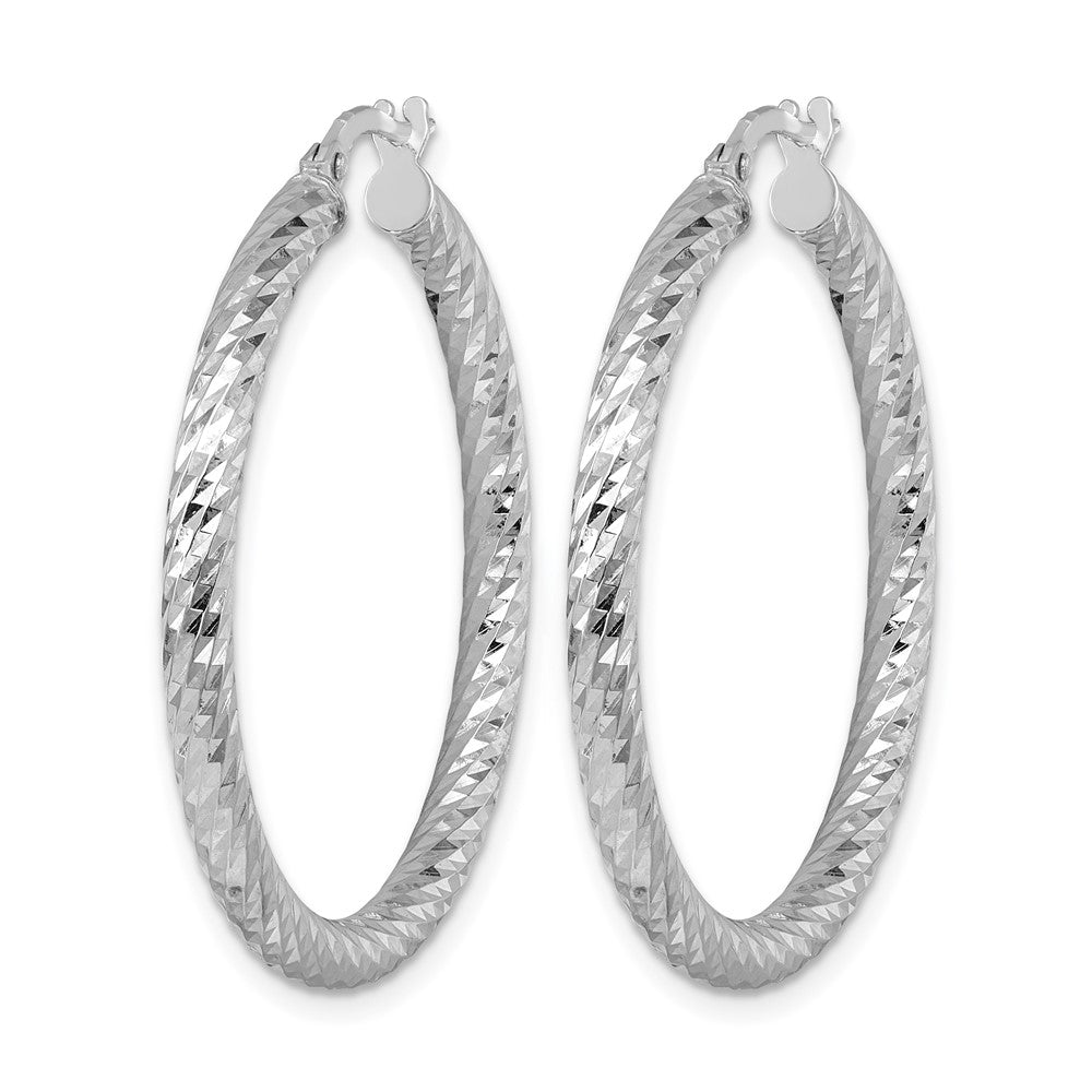 14K White Gold Rhodium-plated Polished Diamond-cut and Twisted 3.0mm Round Hoop Earrings