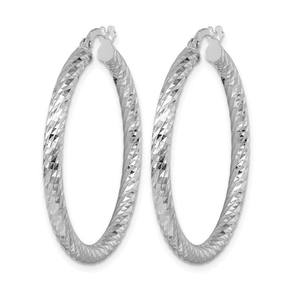 14K White Gold Rhodium-plated Polished Diamond-cut and Twisted 3.0mm Round Hoop Earrings