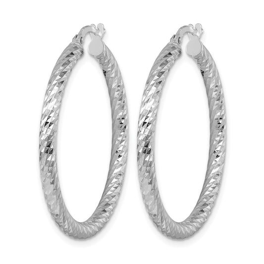 14K White Gold Rhodium-plated Polished Diamond-cut and Twisted 3.0mm Round Hoop Earrings