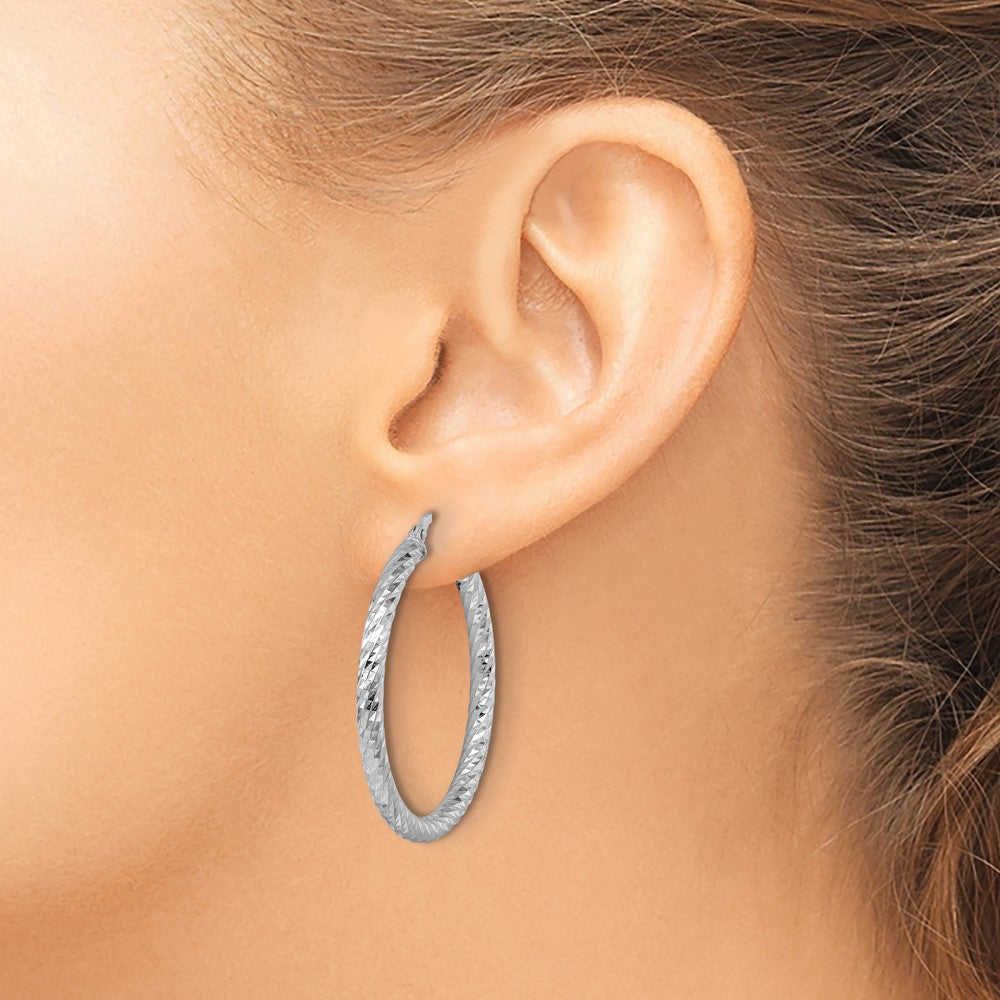 14K White Gold Rhodium-plated Polished Diamond-cut and Twisted 3.0mm Round Hoop Earrings