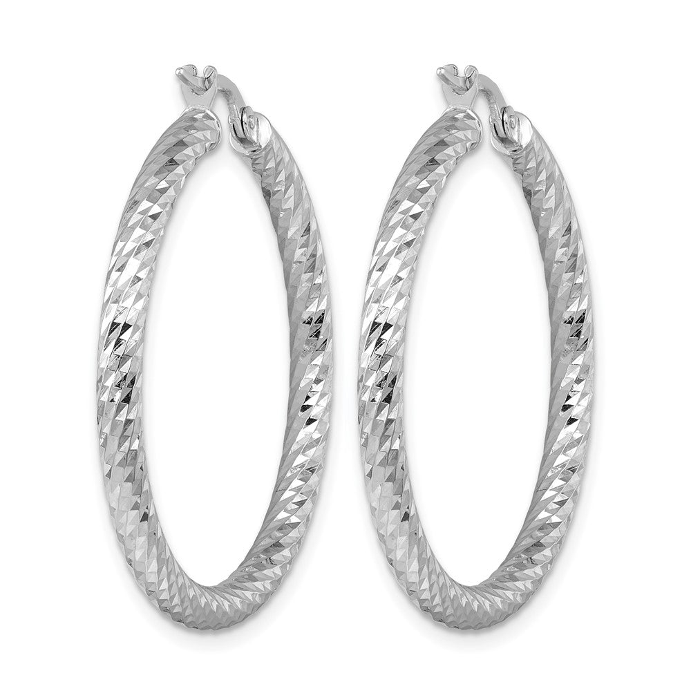 14K White Gold Rhodium-plated Polished Diamond-cut and Twisted 3.0mm Round Hoop Earrings