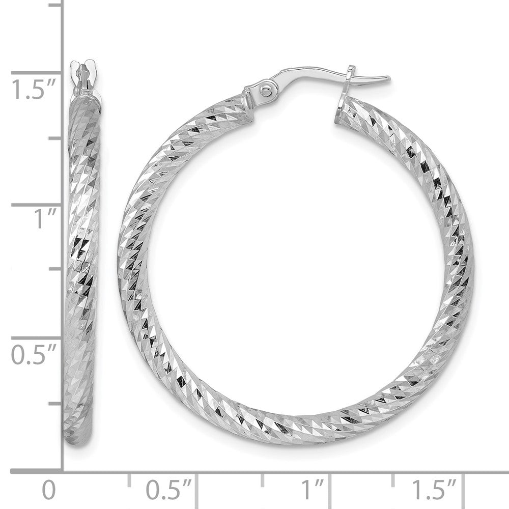14K White Gold Rhodium-plated Polished Diamond-cut and Twisted 3.0mm Round Hoop Earrings