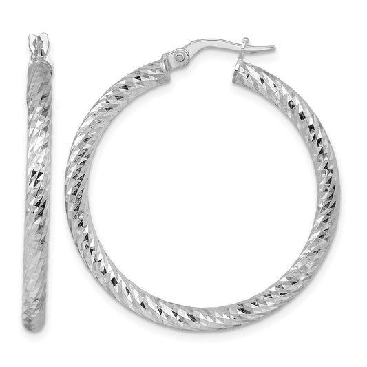 14K White Gold Rhodium-plated Polished Diamond-cut and Twisted 3.0mm Round Hoop Earrings